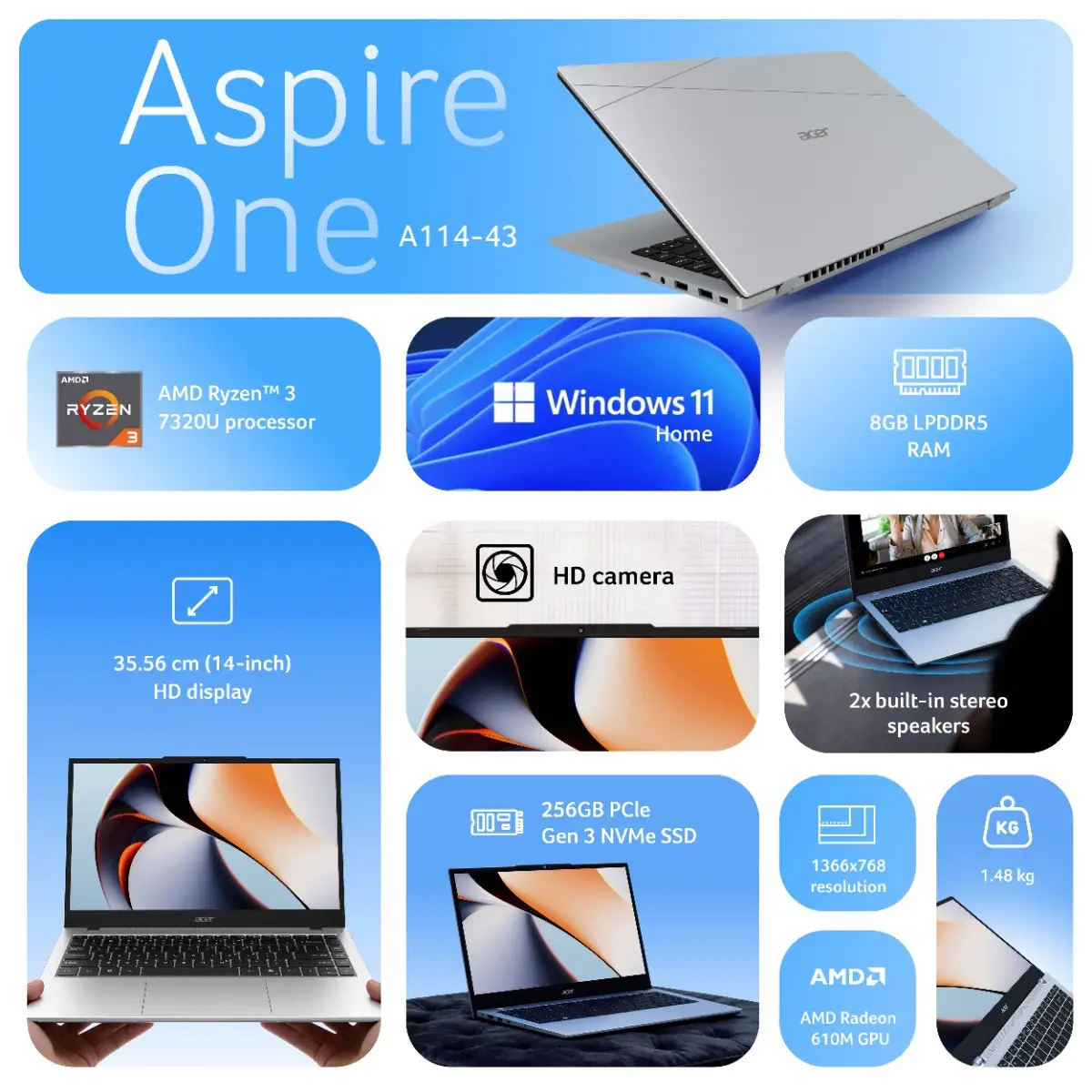 Acer, Aspire One, AMD Ryzen 3 7320U, 8GB RAM, 256 GB SSD, 14" ( 35.56 cm) HD Display, Windows 11 Home, Silver, 1.48 kg… thumb 3
